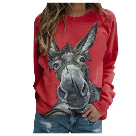 Loose Round Neck Donkey Head Floral Print Long Sleeve Pullover (Option: Red-S)