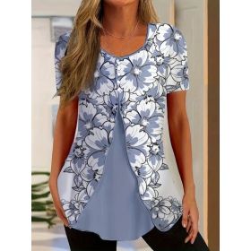 Summer New Short-sleeved Printed Fake Two-piece T-shirt V-neck Fashion Spike Top (Option: S)