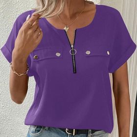 Women's V-Neck Zipper Top Solid Color Short Sleeve Blouse (Option: Purple-L)