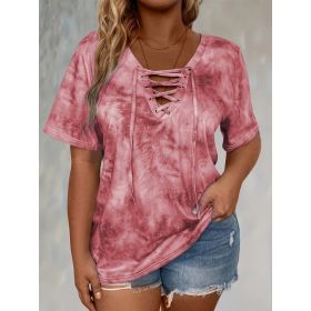 Self-pick-up Women's Tie Dye Printed Drawstring Casual Fashion Short Sleeve T-Shirt Only Self-pickup Is Supported (Option: Red-XXL)