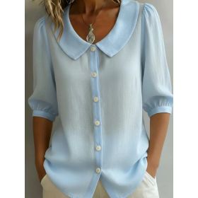 Collared Short-sleeve Blouse Fashion Casual Versatile Loose Shirt Women's Clothing (Option: Light Blue-S)