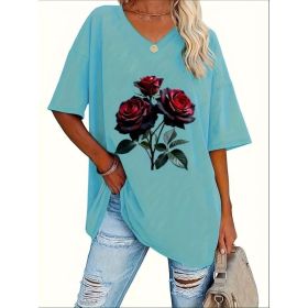 Self-pick-up Plus Size Women's Fashion V-Neck Printed Short Sleeve T-Shirt Only Self-pickup Is Supported (Option: Lake blue-4XL)