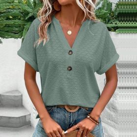 Women's Casual V-Neck Blouse Short Sleeve Loose Fit Button Front Solid Color Top (Option: Peacock Green-L)