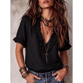 Cotton Pleated V-neck Casual Shirt Top Womens Clothing (Option: Black-S)