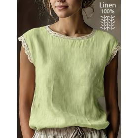 Loose Solid-Color Crew-Neck Lace Sleeveless Cotton-Linen Shirt (Option: Green-L)
