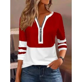 Women's V-collar Contrast Color Striped Loose Zip Long-sleeved T-shirt (Option: Red-3XL)