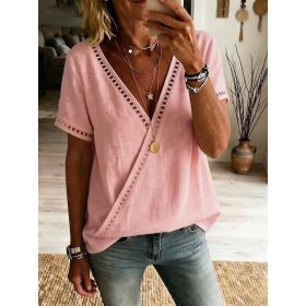 Casual Patchwork Hollow-Out Lace V-Neck Short-Sleeve Top (Option: Pink-S)