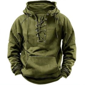Ins Lace-up Hoodie Casual Sports Pocket Sweatshirt Men's Long-sleeved Top Clothing (Option: Army Green-M)
