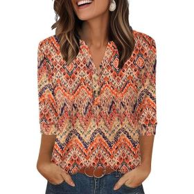 Womens Plus-Size Loose V-Neck Buttoned Three-Quarter Sleeve T-Shirt (Option: Figure 2-S)