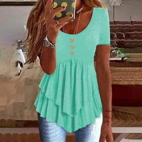 Women's Solid Color Button Front Tunic Top Casual Loose Fit Crew Neck Summer Blouse T-Shirt (Option: Light Green-M)