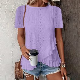 Women's Ruffle Hem Short Sleeve T-Shirt Casual Summer Crew Neck Blouses Top (Option: Purple-L)