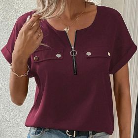 Women's V-Neck Zipper Top Solid Color Short Sleeve Blouse (Option: Wine Red-M)