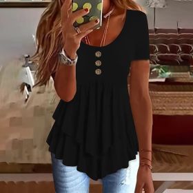 Women's Solid Color Button Front Tunic Top Casual Loose Fit Crew Neck Summer Blouse T-Shirt (Option: Black-S)
