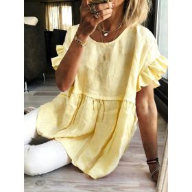Solid-color Crewneck Short-sleeve Ruched Womens Top (Option: Yellow-S)