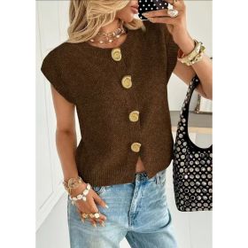 European And American-style Round-neck Short-sleeved Knitted Cardigan (Option: Chocolate-XS)
