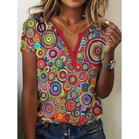 New V-neck Red Candy Print Short Sleeve T-shirt Loose Casual Top For Summer (Option: L)