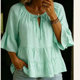V-neck Three-quarter-sleeve Pleated Cotton-linen Blouse Top (Option: Light Green-S)