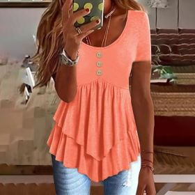 Women's Solid Color Button Front Tunic Top Casual Loose Fit Crew Neck Summer Blouse T-Shirt (Option: Orange-L)