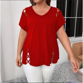 Women's Plus Size Criss Cross Short Sleeve V Neck T-Shirt Tops (Option: Red-2XL)