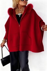 Ins Plush Hooded Cardigan Fashion Warm Pockets Zip-up Knitted Jacket Casual Outerwear Batwing Sleeve Sweater Women's Clothing (Option: Red-S)