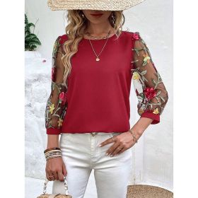 Women's Floral Embroidery Contrast Mesh Puff Sleeve Crew Neck Tee Shirt Tops (Option: Red-M)