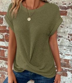 Short-sleeved Waffle T-shirt Summer New Solid Color Crew Neck Top For Womens Clothing (Option: Green-L)