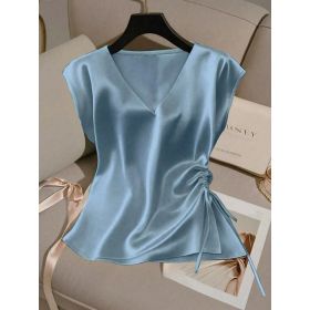Womens Solid-Color Casual Satin V-Neck Top With Drawstring Hem (Option: Blue-S)