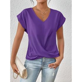 Women's Comfy Casual Summer Tops Short Sleeve V Neck Blouses T Shirts Twist Knot Basic Tees (Option: Purple-2XL)