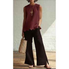 Linen-Style Round Neck Scallop Hem Sleeveless Top (Option: Red-M)