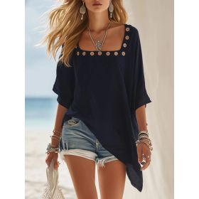 2026 Dark Blue Bohemian Beachwear Round-neck Pullover Shirt (Option: Dark blue-S)
