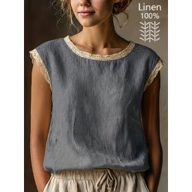 Loose Solid-Color Crew-Neck Lace Sleeveless Cotton-Linen Shirt (Option: grey-L)