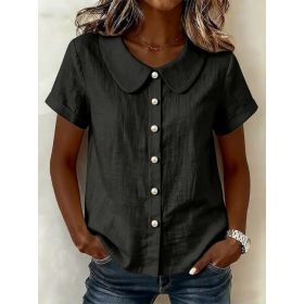 Womens Solid-Colored Short-Sleeve Casual Loose Cotton-Linen Shirt (Option: Black-S)