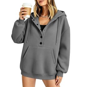Women's Casual Solid-color Loose-fit Long-sleeve Hooded Sweatshirt With Pockets (Option: Dark gray-S)