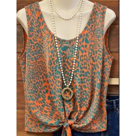 Orange & Teal Leopard Print Sleeveless Knotted Tank Top (Option: Orange-S)