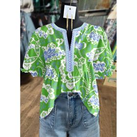 European And American Womens V-neck Ruffled-sleeve Short Sleeve (Option: Green-S)