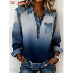 Denim Patchwork Collar Button-down Casual Long-sleeved Top (Option: Dark blue-S)