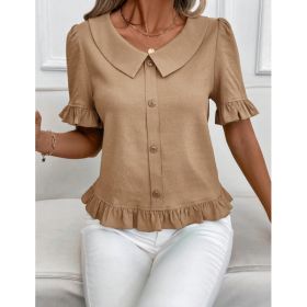 Women's Front-Button Petal-Sleeve Short-Sleeve Summer Fashion (Option: Khaki-S)