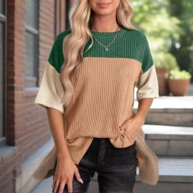 Women's Color Block Casual T-Shirt Short Sleeve Crew Neck Loose T-Shirt Top (Option: Green Orange-2XL)