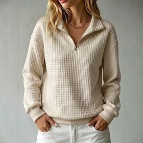 Loose-fit Waffle-knit Stand-collar Zip-up Long-sleeve Womens Sweatshirt (Option: Khaki-XS)
