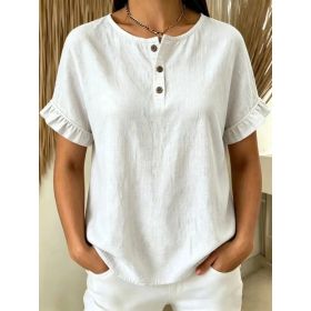 Womens Cotton-Linen Ruffle-Trimmed Button-Up Short-Sleeve Top (Option: White-S)