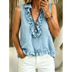 Fashionable V-neck Ruffled Sleeveless Tank Top (Option: Sky blue-S)
