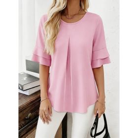 Loose-fit Ruffled Three-quarter-sleeve Blouse For Women (Option: Pink-S)