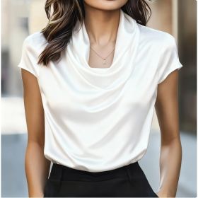 Womens Solid-color Boat-neck Drapey Short-sleeve Top (Option: White-S)
