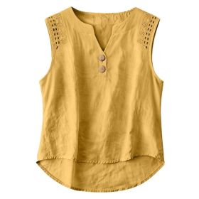 Solid-color V-neck Hollow-out Button Cotton-linen Short-sleeve Top Shirt (Option: Khaki-M)