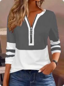 Women's V-collar Contrast Color Striped Loose Zip Long-sleeved T-shirt (Option: grey-L)