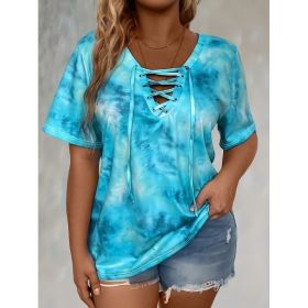 Self-pick-up Women's Tie Dye Printed Drawstring Casual Fashion Short Sleeve T-Shirt Only Self-pickup Is Supported (Option: Sky blue-XL)