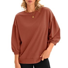 Fisoew Womens Puff Sleeve Sweatshirts Casual Crewneck Sleeve Loose Fit Fall Pullover Tops (Option: Brown-S)