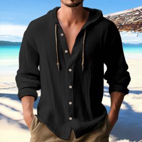 Cotton And Linen Shirt Hooded Sweater Button Long Sleeve (Option: Black-S)