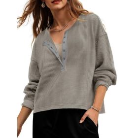Fisoew Womens Cropped Sweatshirt Casual Waffle Knit Button V Neck Long Sleeve Loose Fit Fall Crop Tops (Option: Light grey-S)