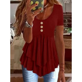 Fashion Three-button Casual Solid Color Short Sleeve (Option: Wine Red-S)